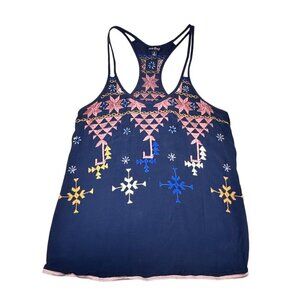 VTG Y2K Lucky Brand Tank Top Sz.S Dark Blue Embroidered Cottage Boho
